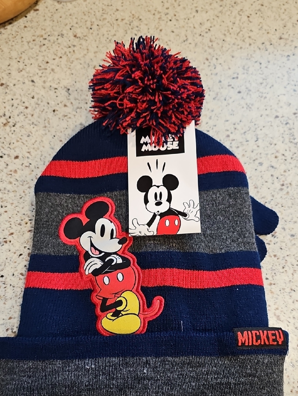 Disney Mickey Mouse Kids Pom Pom Beanie - Navy, Red, Gray. Matching Gloves.